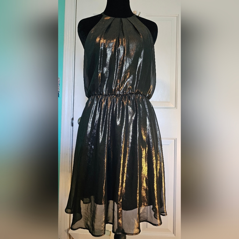 Lush Shimmering Gold Metallic Halter Formal Party Dress Women's Sz S - Picture 2 of 12
